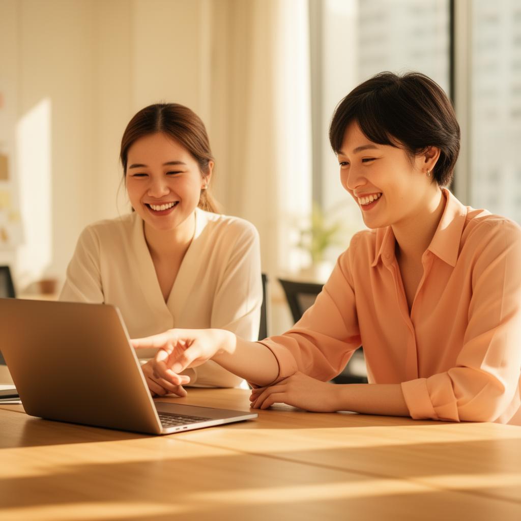 Twee collega's werken samen aan een laptop